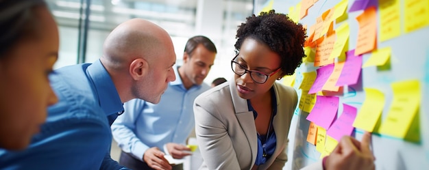 Team members engage in a brainstorming session using colorful sticky notes