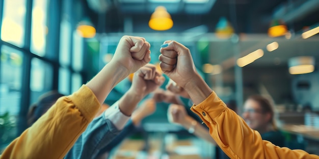 Photo team of mixed enterprise architects celebrating success with fist bump in modern office