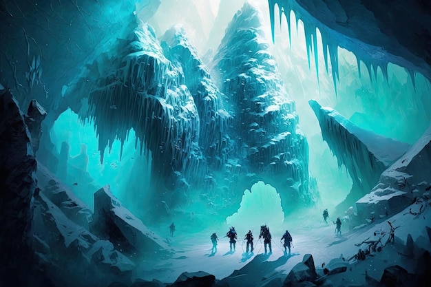 A team of mountaineers traversing a frozen cavern with icicles hanging from the ceiling and iceblue