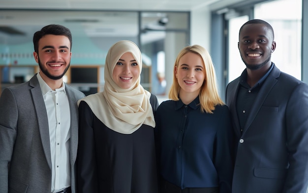 Photo team of multiracial smiling coworkers standing in the office inclusive workplace concept