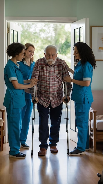 Team of nurses or social workers helping an old disabled man to walk with his crutches out of the n