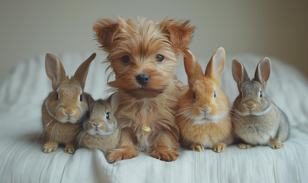 A team of pets a dog and four rabbits