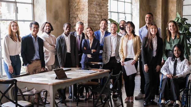 Team photo of businesspeople standing in coworking space