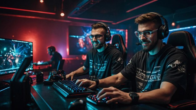 Team of Professional Cybersport Gamers Celebrating Success in Gaming Club