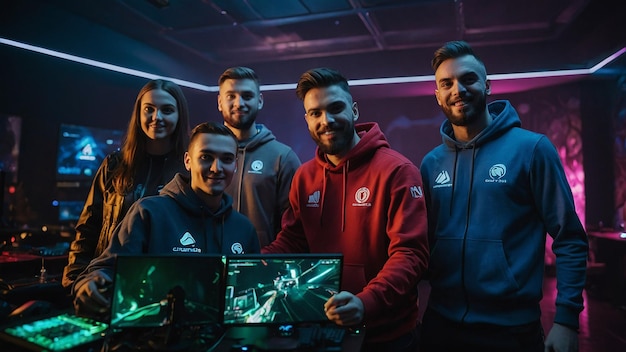 Photo team of professional cybersport gamers celebrating success in gaming club