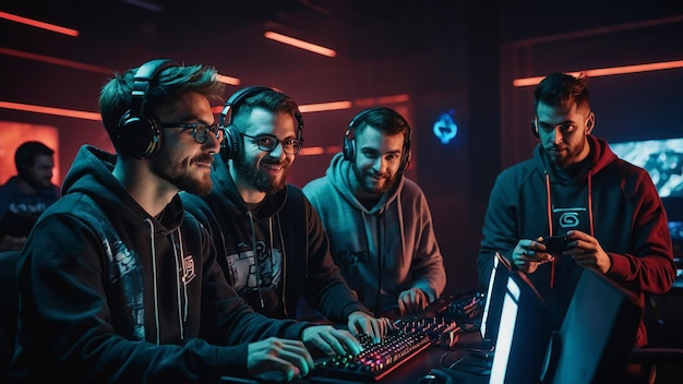 Team of Professional Cybersport Gamers Celebrating Success in Gaming Club