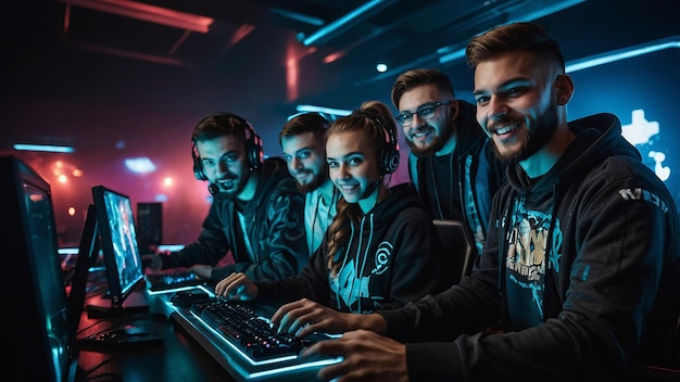 Photo team of professional cybersport gamers celebrating success in gaming club