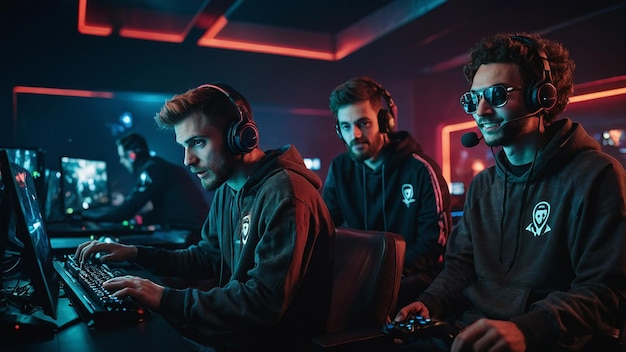 Team of Professional Cybersport Gamers Celebrating Success in Gaming Club