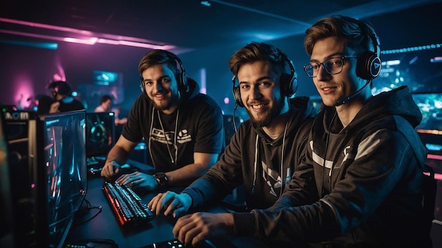 Photo team of professional cybersport gamers celebrating success in gaming club