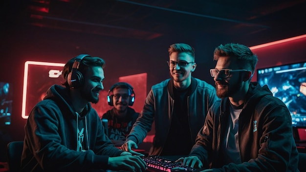 Team of Professional Cybersport Gamers Celebrating Success in Gaming Club