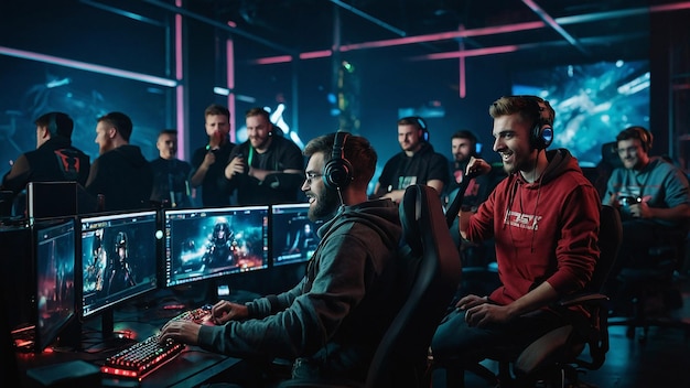 Photo team of professional cybersport gamers celebrating success in gaming club