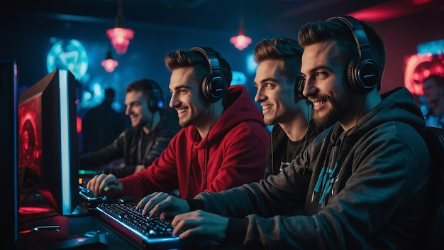 Team of Professional Cybersport Gamers Celebrating Success in Gaming Club