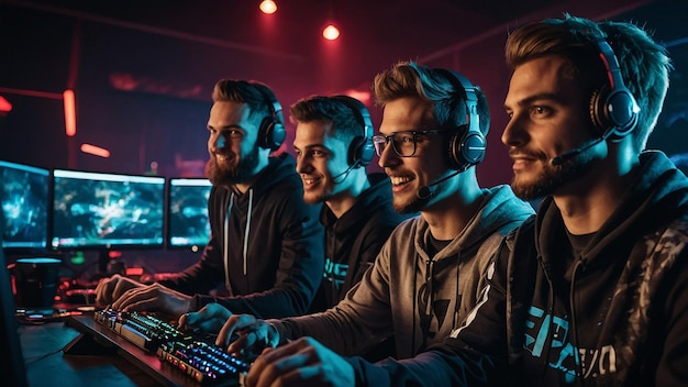 Photo team of professional cybersport gamers celebrating success in gaming club