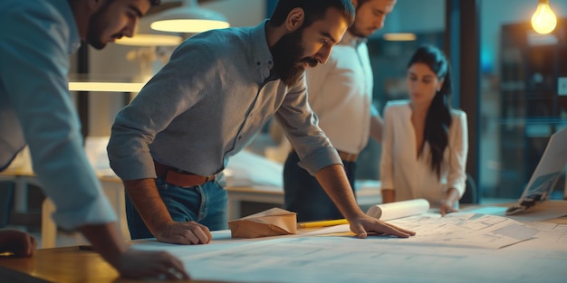 Team of Professionals Collaborating on Architectural Blueprints in Modern Office at Night