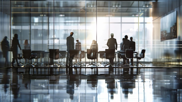 A team of professionals engaged in a management meeting conversing and brainstorming ideas at a sleek lobby table