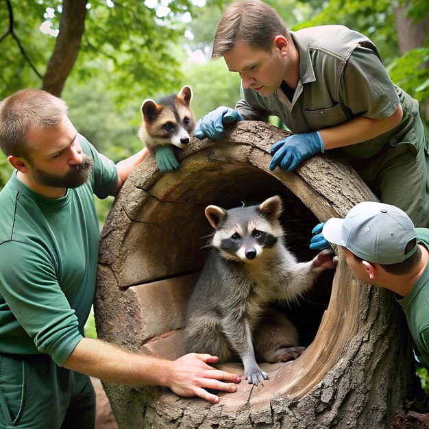 Photo a team removing a raccoon family from a tree hollow