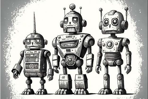 Team of robots vintage toys ink drawing technology electronics