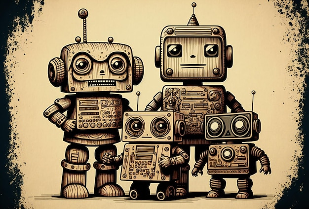 Team of robots vintage toys ink drawing technology electronics