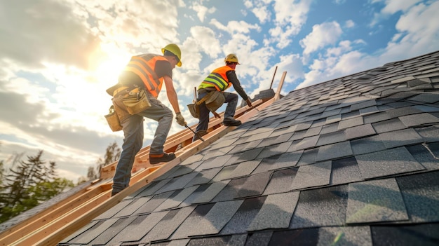 Photo a team of roofers installing shingles on a newly constructed home