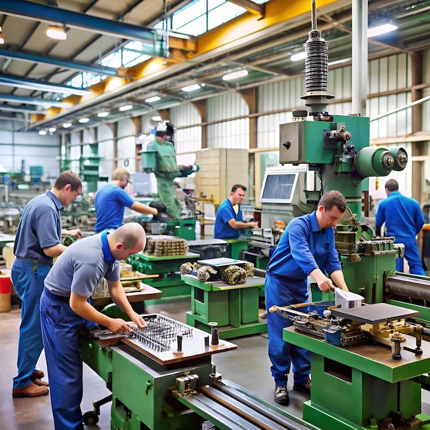 Photo a team of skilled workers operate machinery in a bustling factory setting