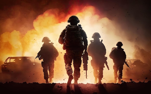 Team of soldiers with weapons silhouetted against the sunset on battlefield with explosions