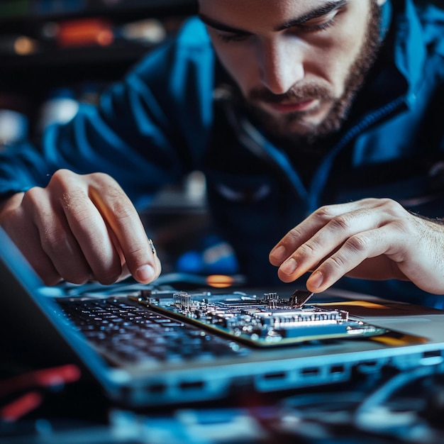 Photo a team of technicians working on a hardware repair in a hightech workshop