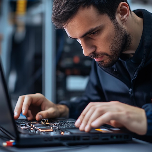 Photo a team of technicians working on a hardware repair in a hightech workshop