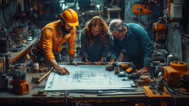 A team of three construction workers including a woman discuss plans in a workshop