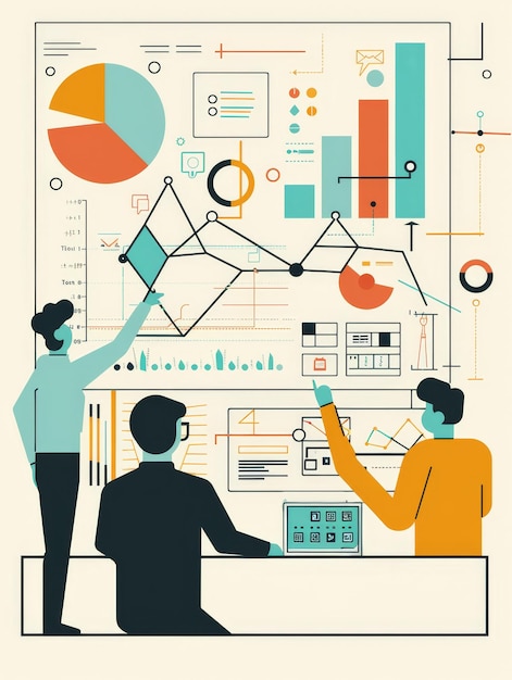 Photo a team of three people are collaborating around a large whiteboard covered in charts graphs a