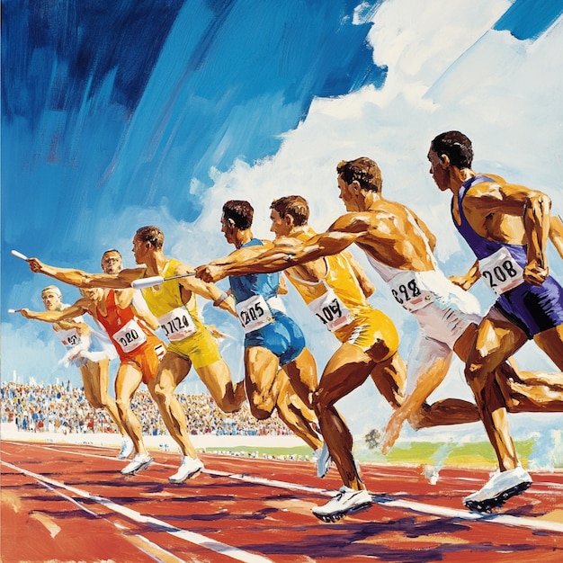 A team of track athletes passing the baton in a relay race