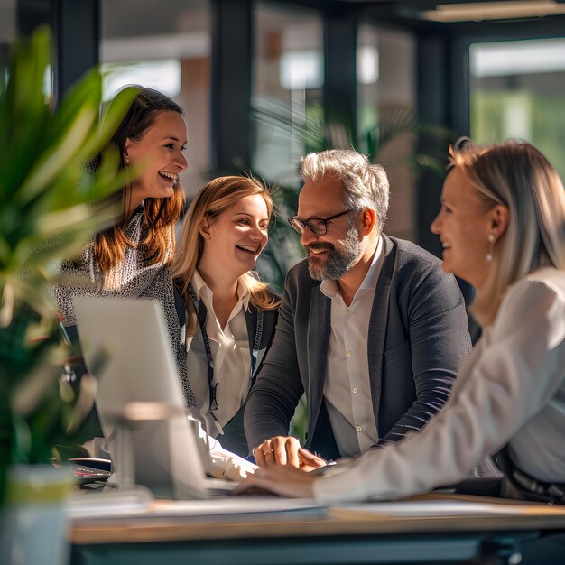 Team of various happy office workers laughing at funny jokes working together in business meeting