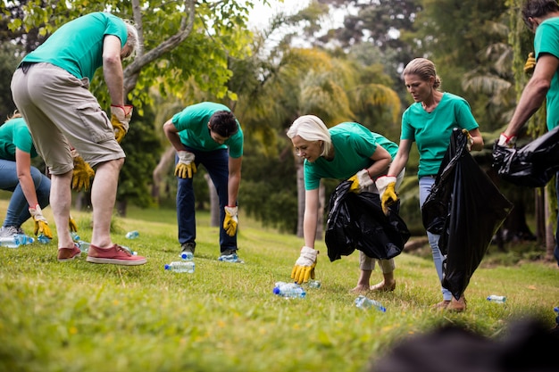 Team of volunteers picking up litter