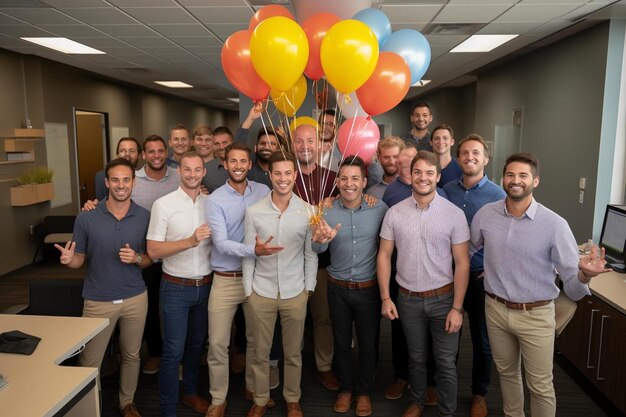 The team with balloons in the background