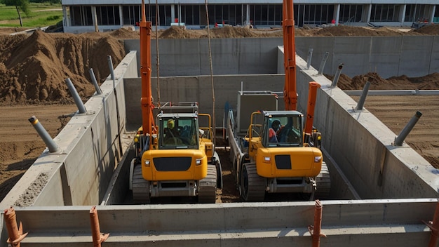 A team of workers guiding a large concrete pump as it pours concrete into the foundations of a new building