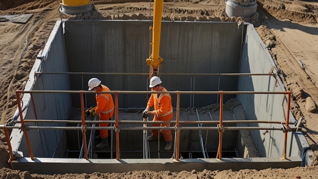 Photo a team of workers guiding a large concrete pump as it pours concrete into the foundations of a new building