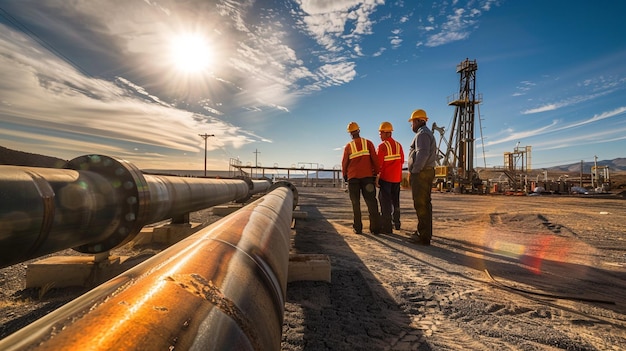 A team of workers inspecting a pipeline in the oil field under the bright sun