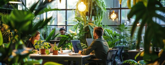 Photo a team working in a greenhousestyle office surrounded by rare plants emphasizing green innovation in business