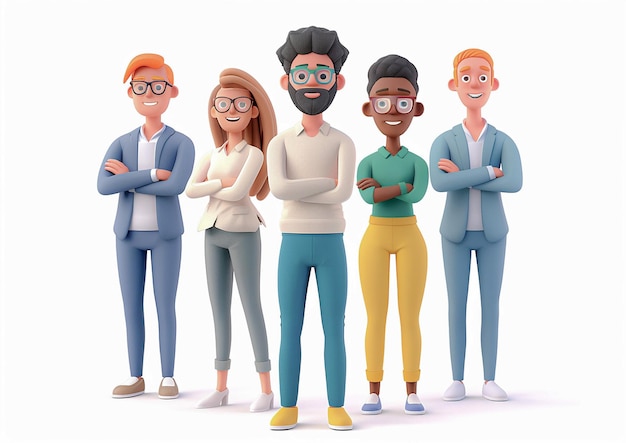 Team of young employees in confident stance white background 3D cartoon render