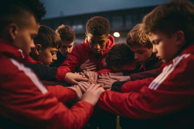 Photo team of young football players stacking hands before match