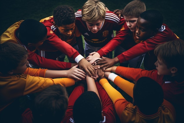 Photo team of young football players stacking hands before match