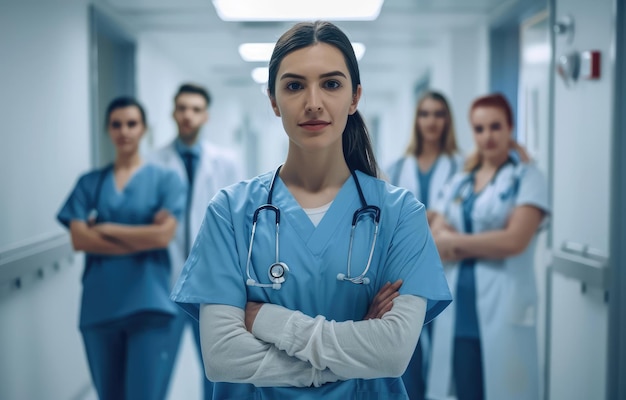 Team of young specialist doctors standing in the corridor of the hospital AI Generated