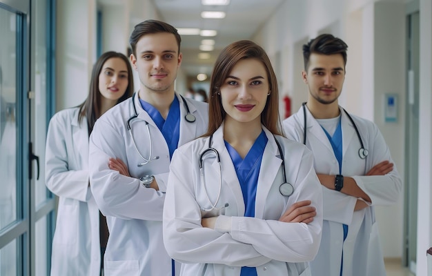 Team of young specialist doctors standing in the corridor of the hospital AI Generated