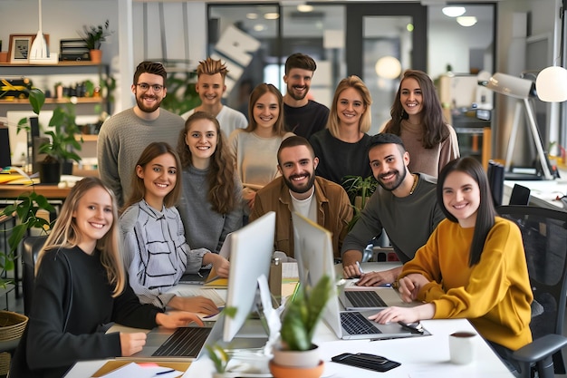 Photo team of young successful designers gathered by workplace looking at camera with smiles while workin