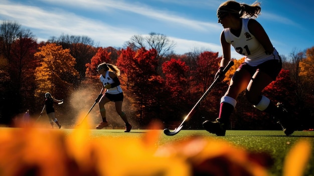 Teams compete in field hockey amid autumn scenery