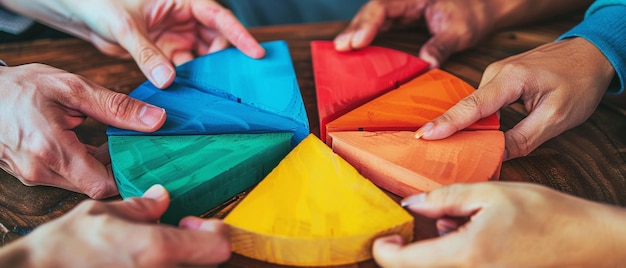 A teams hands assembling a pie chart closeup on collaboration and shared objectives