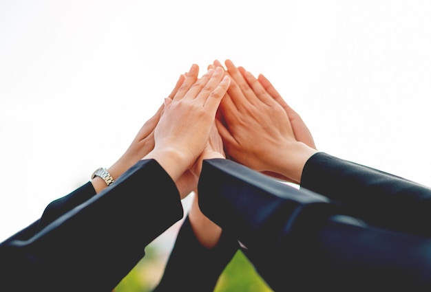 Photo teamwork closeup of young business people shaking hands collaborate to work together to do great