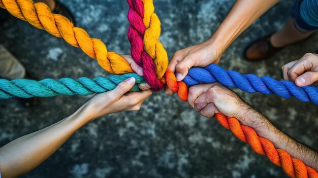 Photo teamwork and collaboration hands pulling on colorful ropes