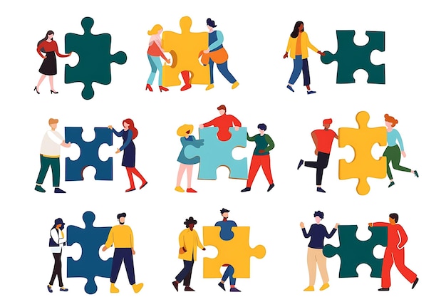 Photo teamwork and collaboration people connecting puzzle pieces