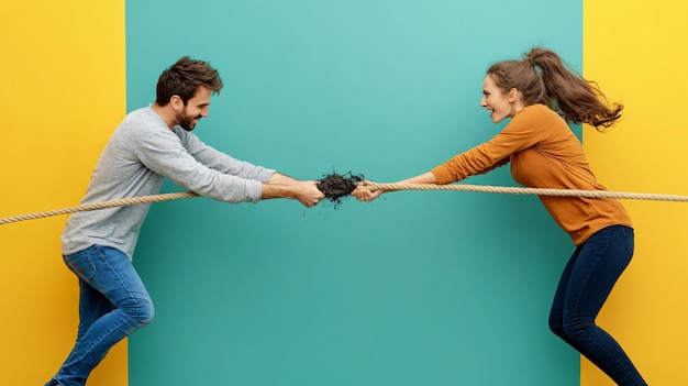 Photo teamwork concept woman and man pulling damaged rope on color background