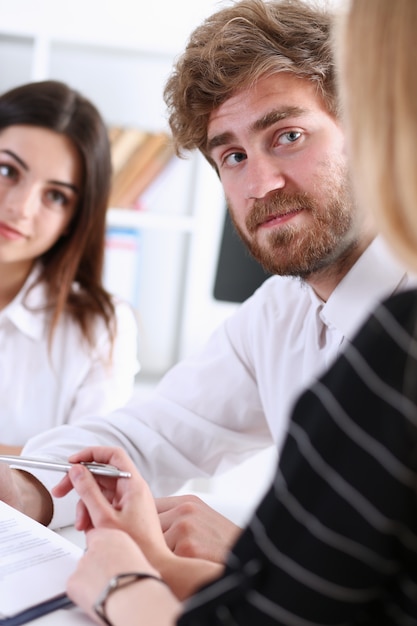 Teamwork discussing problems at workplace